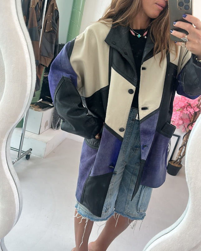 Veste en cuir vintage patchwork - 1