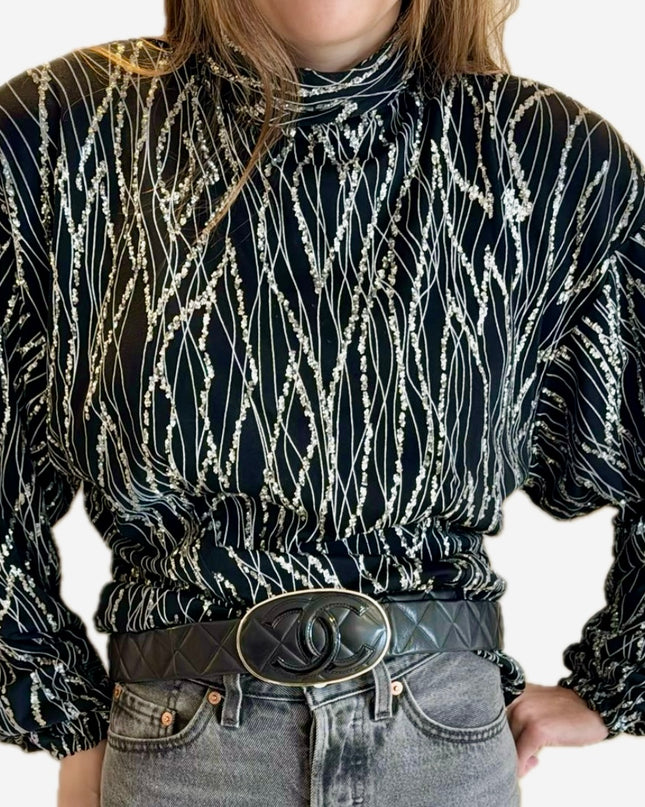 Top épaulé vintage à motif strassé – Taille Unique