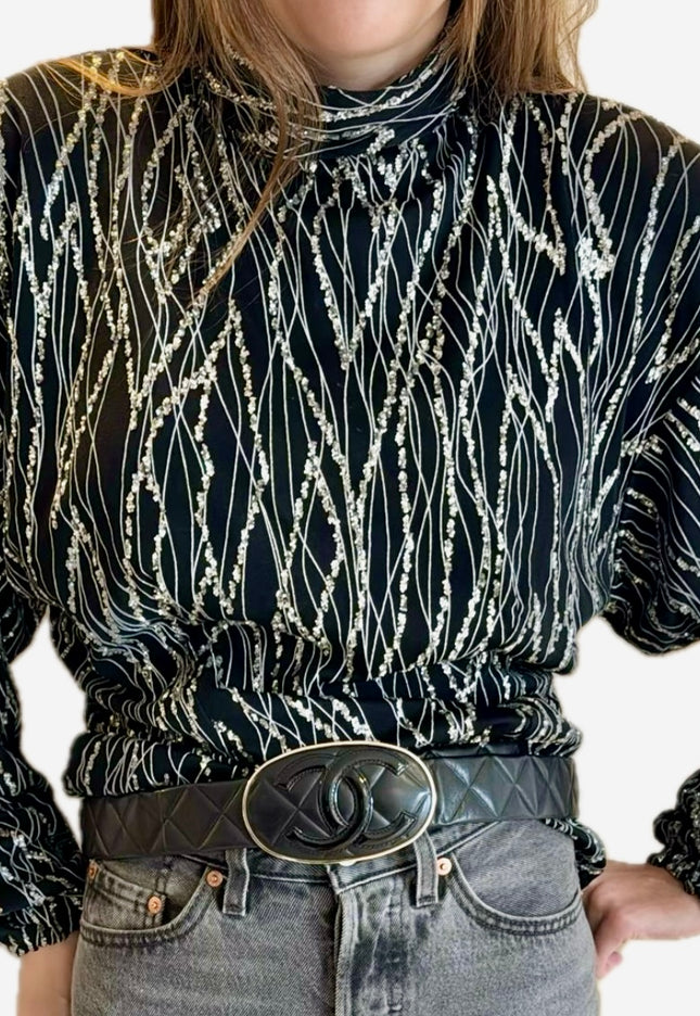 Top épaulé vintage à motif strassé – Taille Unique