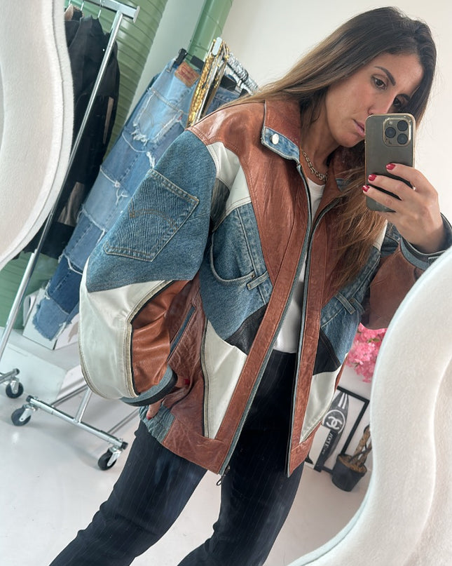 Veste biker bimatière 90' - 1
