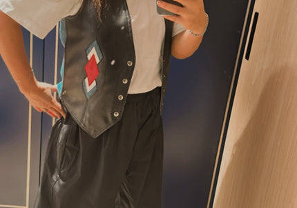 Veste sans manches en cuir et jean vintage – Taille unique