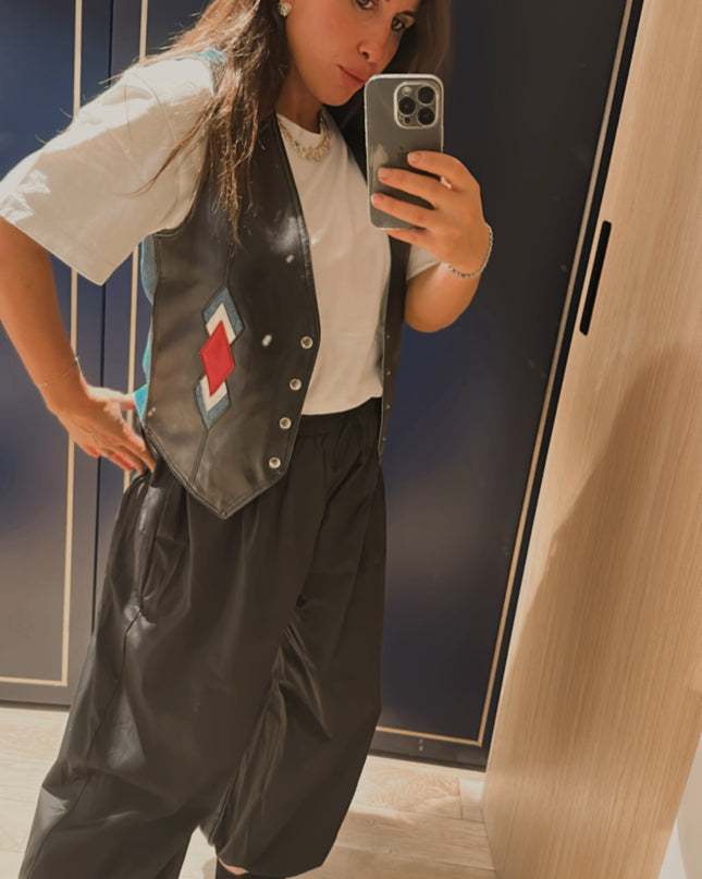 Veste sans manches en cuir et jean vintage – Taille unique