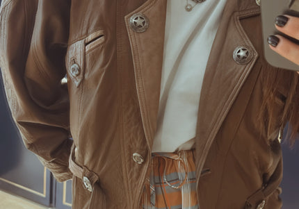 Blouson vintage en cuir camel et beige customisé – Taille unique