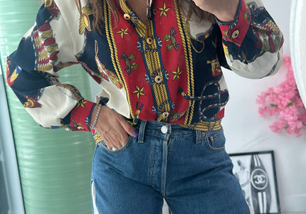 Chemise fluide vintage motif géométrique & zébré – taille M