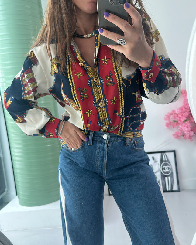 Chemise fluide vintage motif géométrique & zébré – taille M