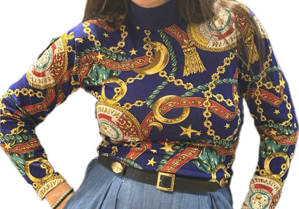 Pull en laine Céline Vintage imprimé chaînes et médaillons – Taille unique