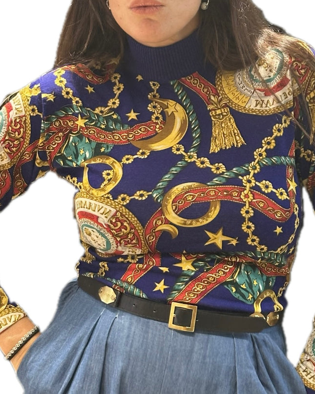 Pull en laine Céline Vintage imprimé chaînes et médaillons – Taille unique