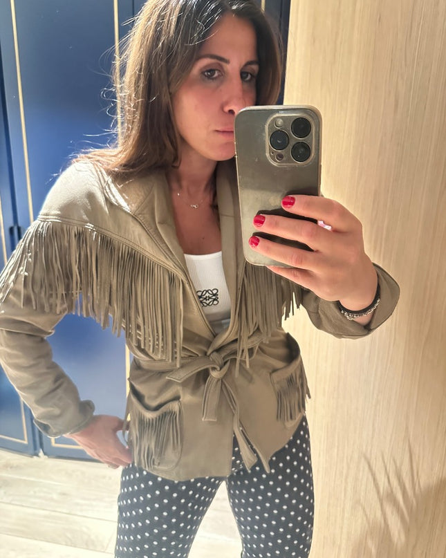 Veste à frange beige en cuir - 2