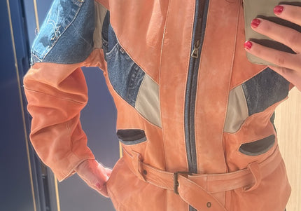 Veste en cuir rose avec details en patchwork jeans - 3