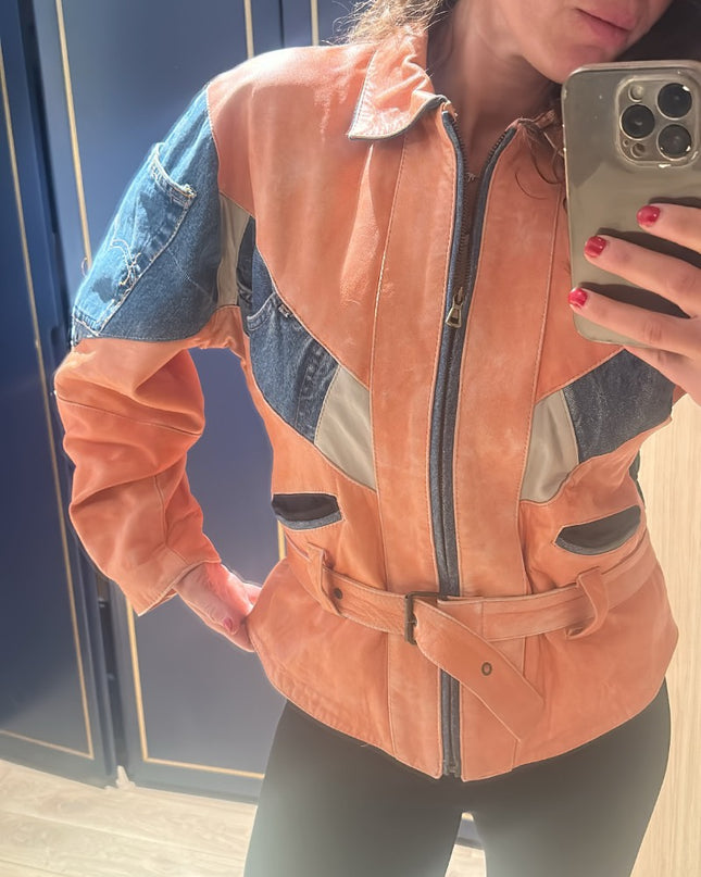 Veste en cuir rose avec details en patchwork jeans - 3