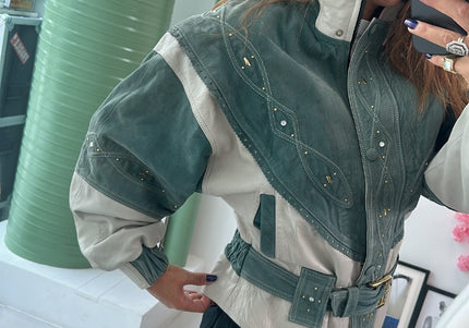 Blouson en cuir vintage rivets doré - 2