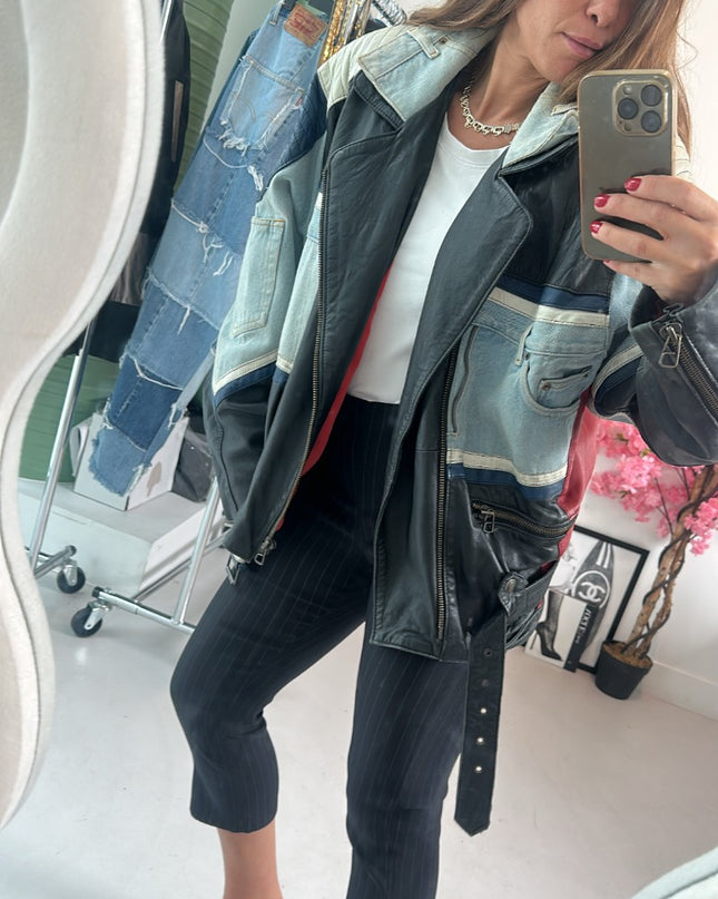 Veste vintage en jean et cuir - 2