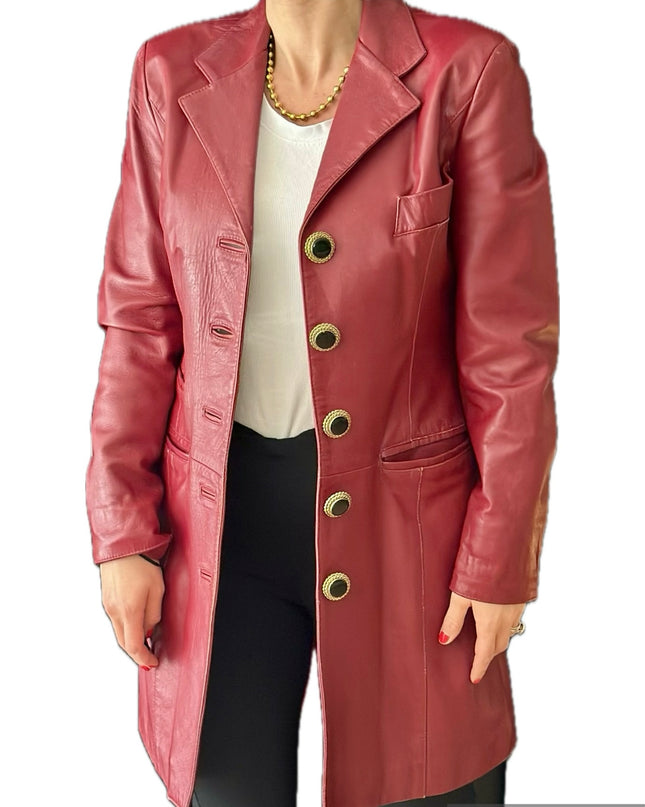 VESTE LONGUE EN CUIR ROUGE-BORDEAUX