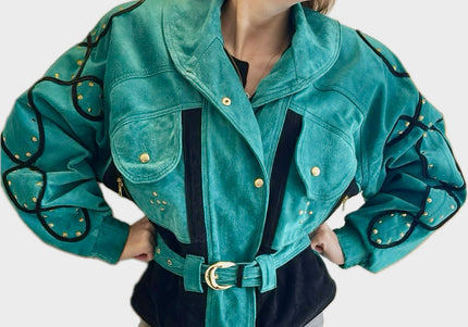 Blouson en daim vintage – Mix green & black, ceinturé à la taille (Taille Unique)