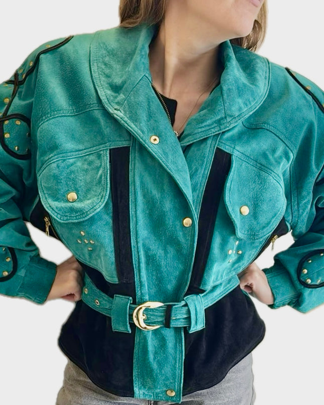 Blouson en daim vintage – Mix green & black, ceinturé à la taille (Taille Unique)
