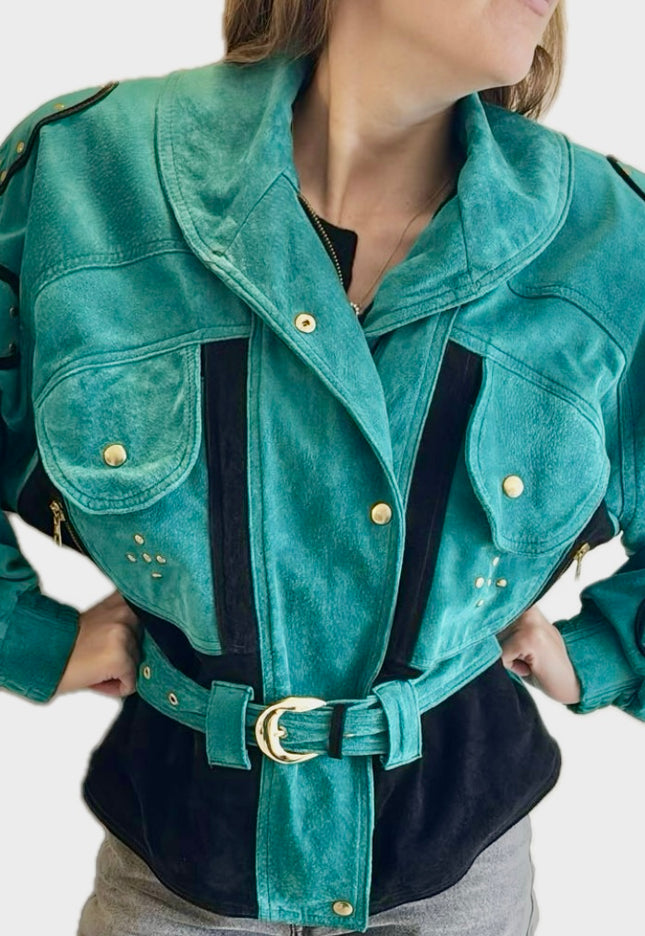 Blouson en daim vintage – Mix green & black, ceinturé à la taille (Taille Unique)