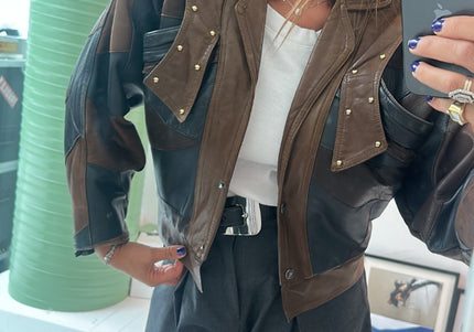 Veste en cuir vintage courte patchwork - 4