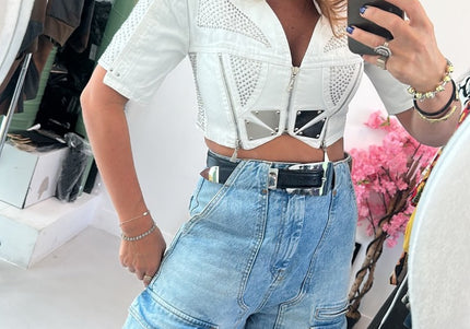 Veste courte blanche avec strass - 1