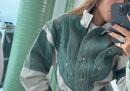 Blouson en cuir vintage rivets doré - 1