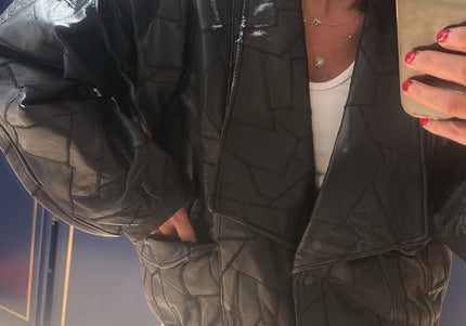 Veste en cuir noir style patchwork oversize taille 40 - 1