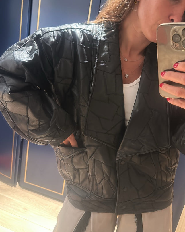 Veste en cuir noir style patchwork oversize taille 40 - 1