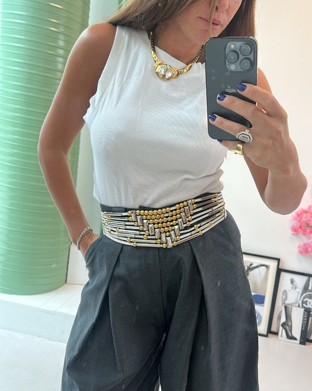 Ceinture chaîne dorée et cuir noir à breloques vintage - 1