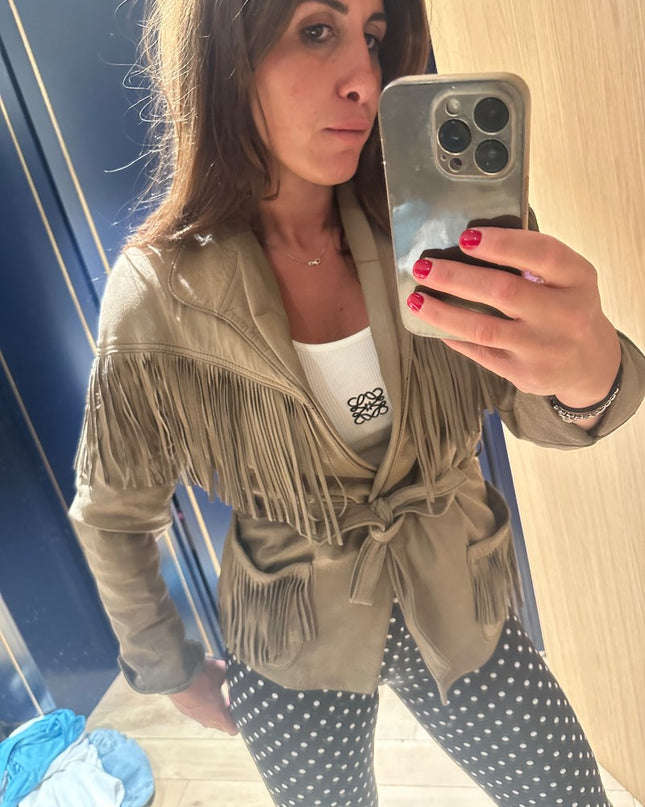 Veste à frange beige en cuir - 1