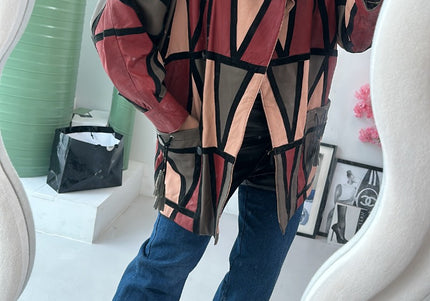 Veste vintage en cuir patchwork géométrique Années 80 - 3