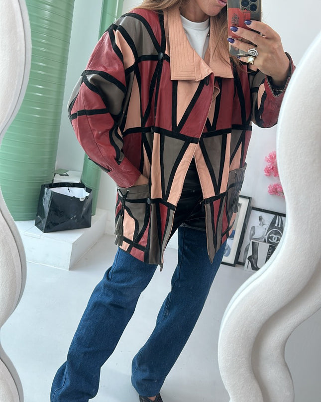 Veste vintage en cuir patchwork géométrique Années 80 - 3