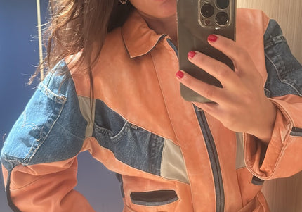 Veste en cuir rose avec details en patchwork jeans - 4