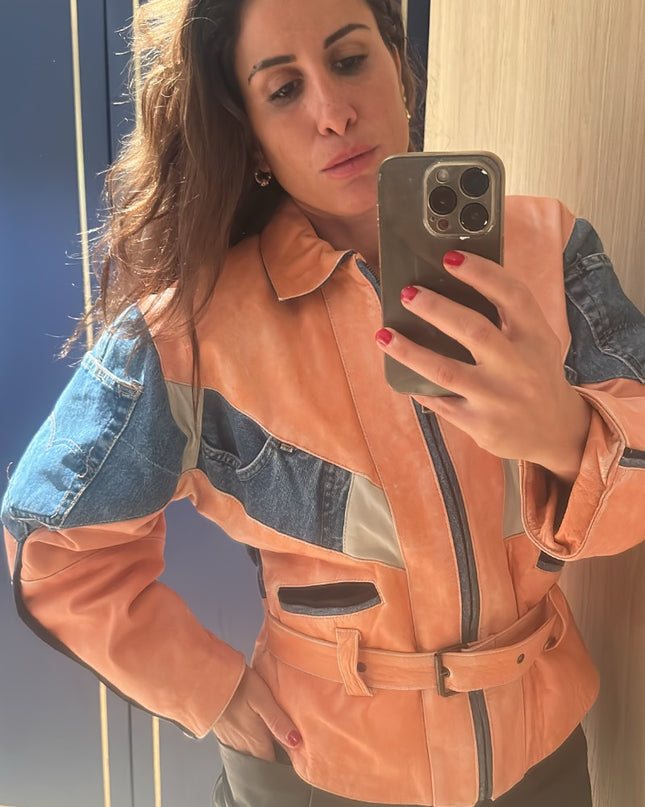 Veste en cuir rose avec details en patchwork jeans - 4