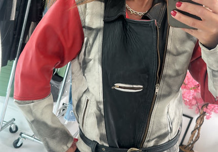 Veste en cuir vintage manches rouges - 1