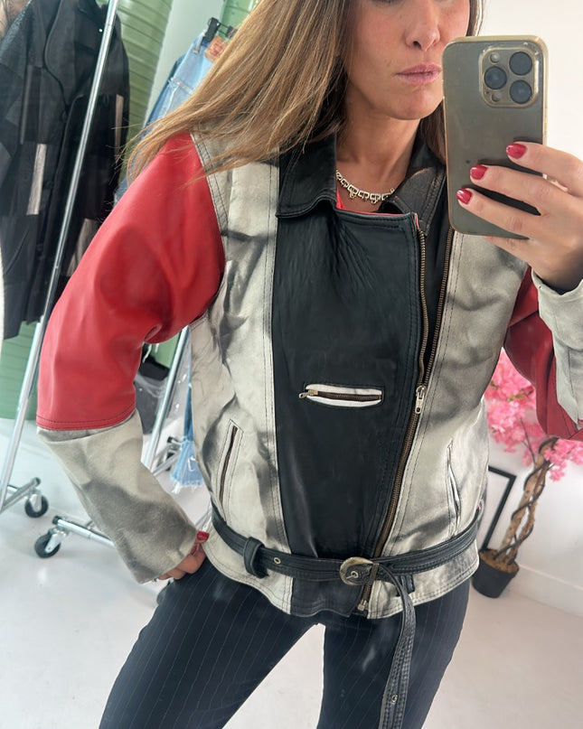 Veste en cuir vintage manches rouges - 1