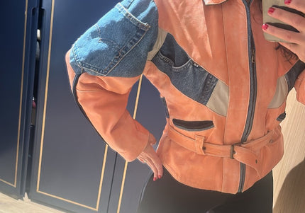 Veste en cuir rose avec details en patchwork jeans - 1