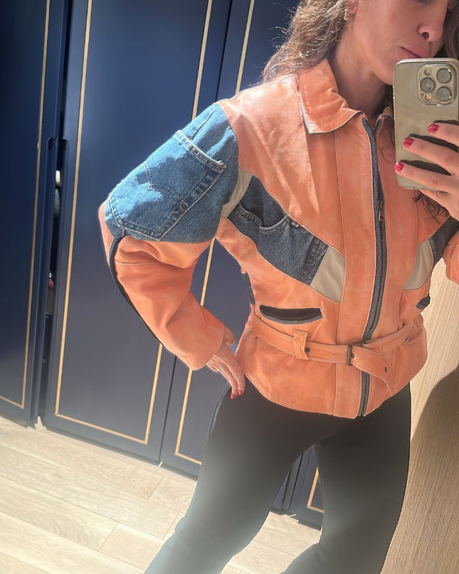 Veste en cuir rose avec details en patchwork jeans - 1