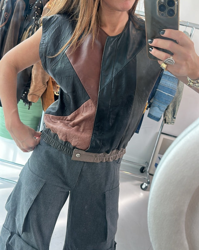 Veste en cuir patchwork années 80