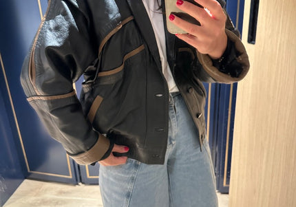 Veste en cuir vintage noire et marron - 1