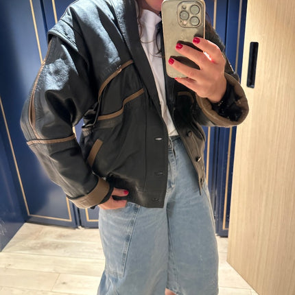 Veste en cuir vintage noire et marron - 1