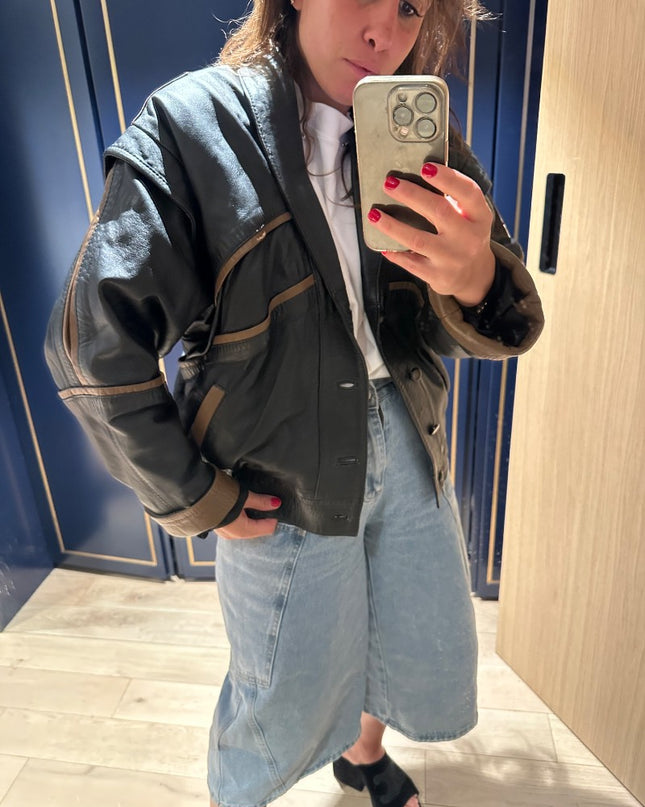 Veste en cuir vintage noire et marron - 1