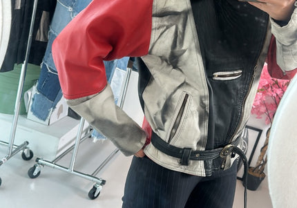 Veste en cuir vintage manches rouges - 2