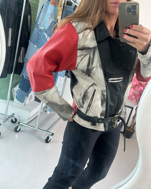 Veste en cuir vintage manches rouges - 2