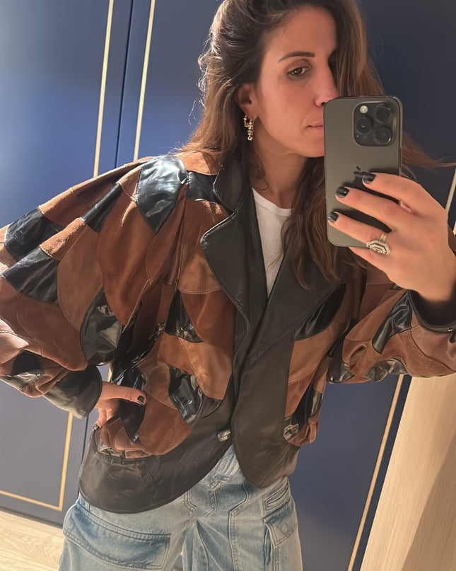 Veste en cuir patchwork vintage années 80 - 1
