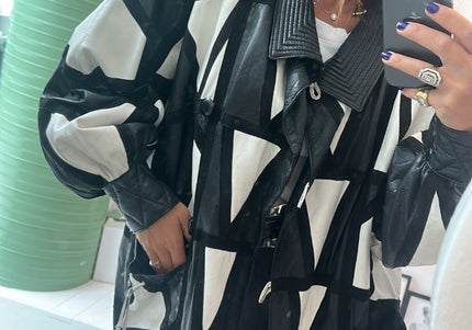 Manteau en cuir vintage patchwork noir & blanche - 2