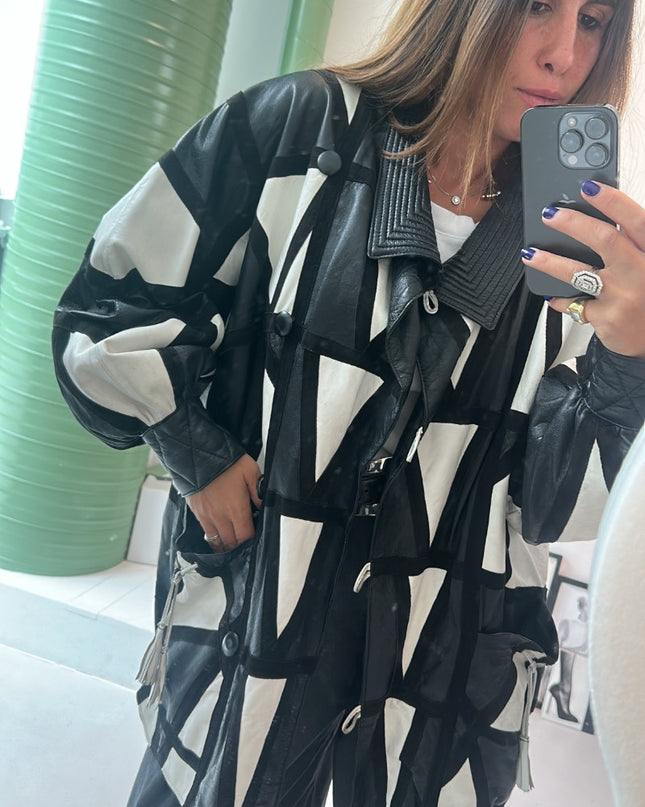 Manteau en cuir vintage patchwork noir & blanche - 2