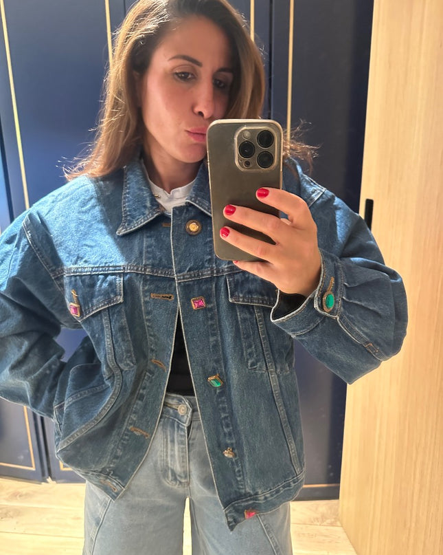 Blouson en jean boutons strass - 1