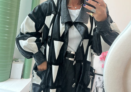 Manteau en cuir vintage patchwork noir & blanche - 3