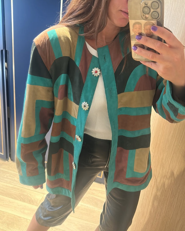 Veste imprimée en daim cuir marque Valentino taille 40 42 turquoise - 1