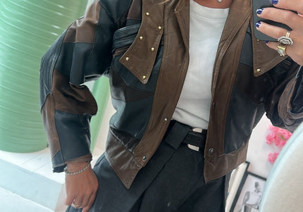 Veste en cuir vintage courte patchwork - 3