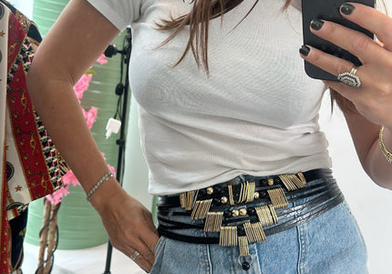 Ceinture vintage métal argenté cuir blanc avec pierres – style bohème western gypsy - 1