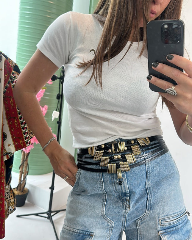 Ceinture vintage métal argenté cuir blanc avec pierres – style bohème western gypsy - 1